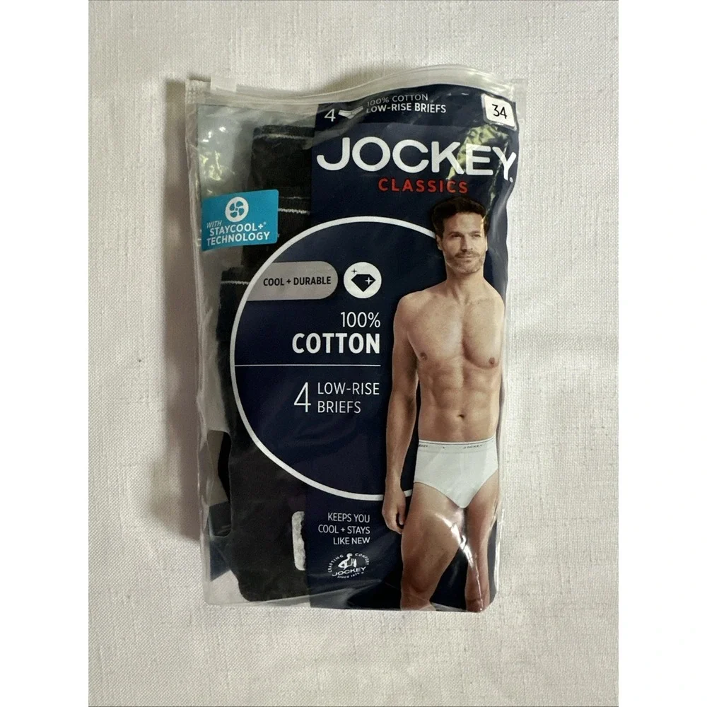 Men's 3 Pairs Jockey Classic Collection Low-Rise Briefs Black NIP 100% Cotton 34